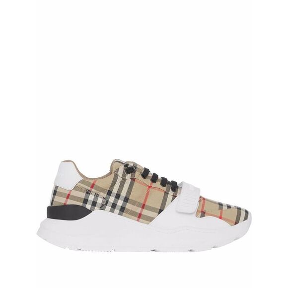 Men's Low-Top Sneakers in Beige with Vintage Check Print and Leather Inserts - Picture 1 of 4